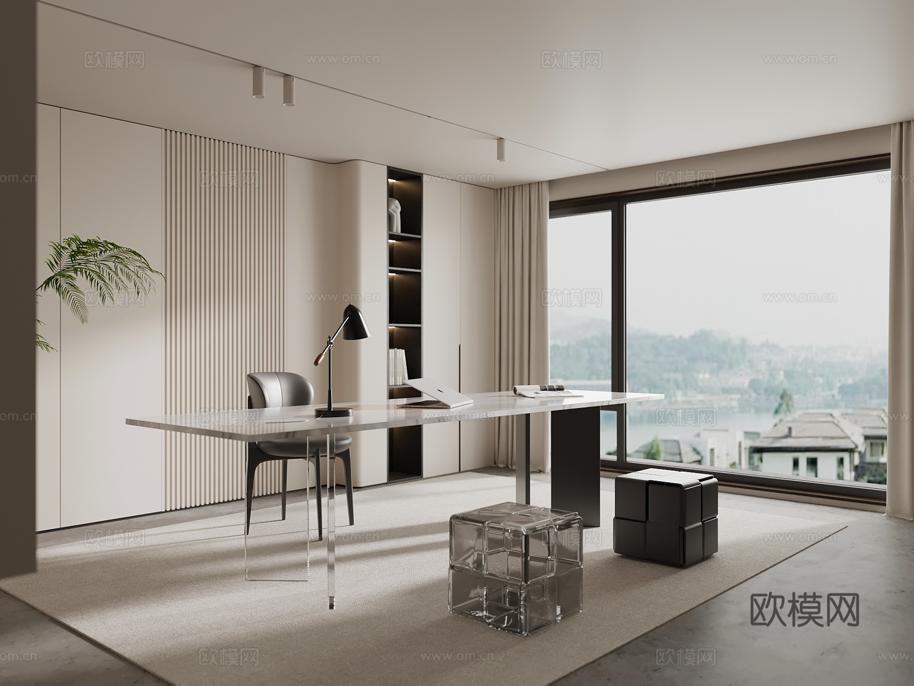 现代书房 书桌椅 背景墙su模型