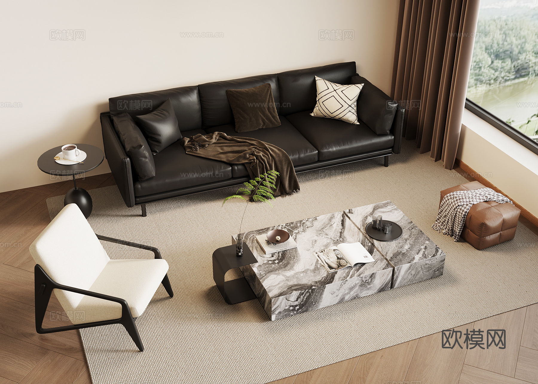 现代意式客厅 沙发茶几组合 边几 休闲椅 皮质沙发su模型