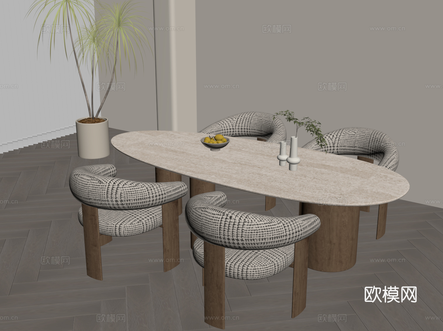 现代中古风餐桌椅su模型