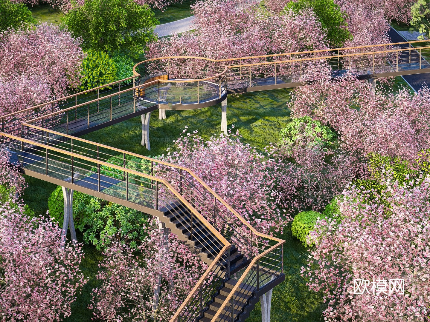 现代观景台  木栈道 公园景观su模型下载（渲染图1）