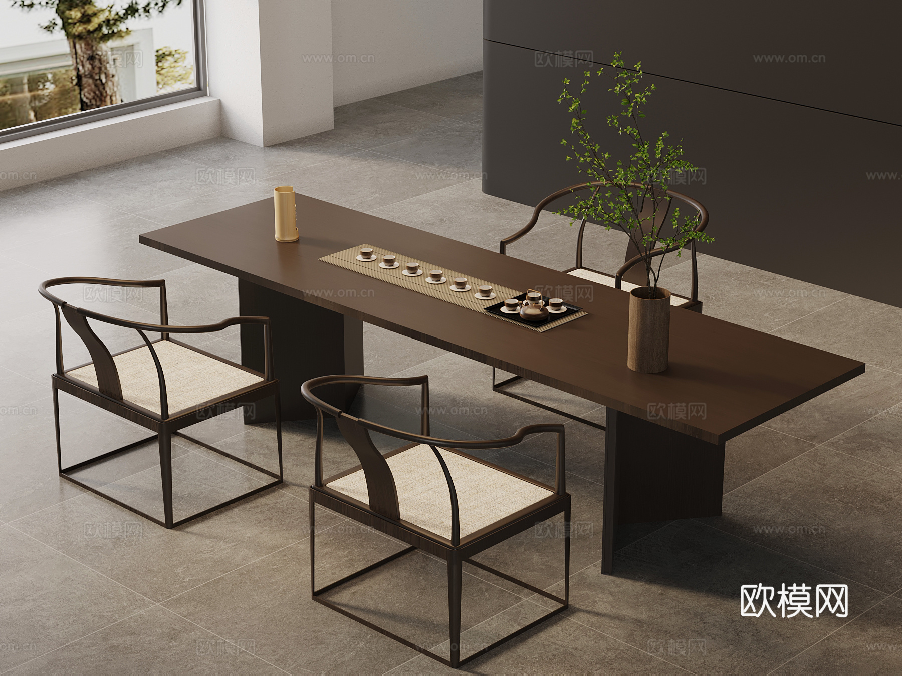 新中式茶桌椅 实木茶桌su模型
