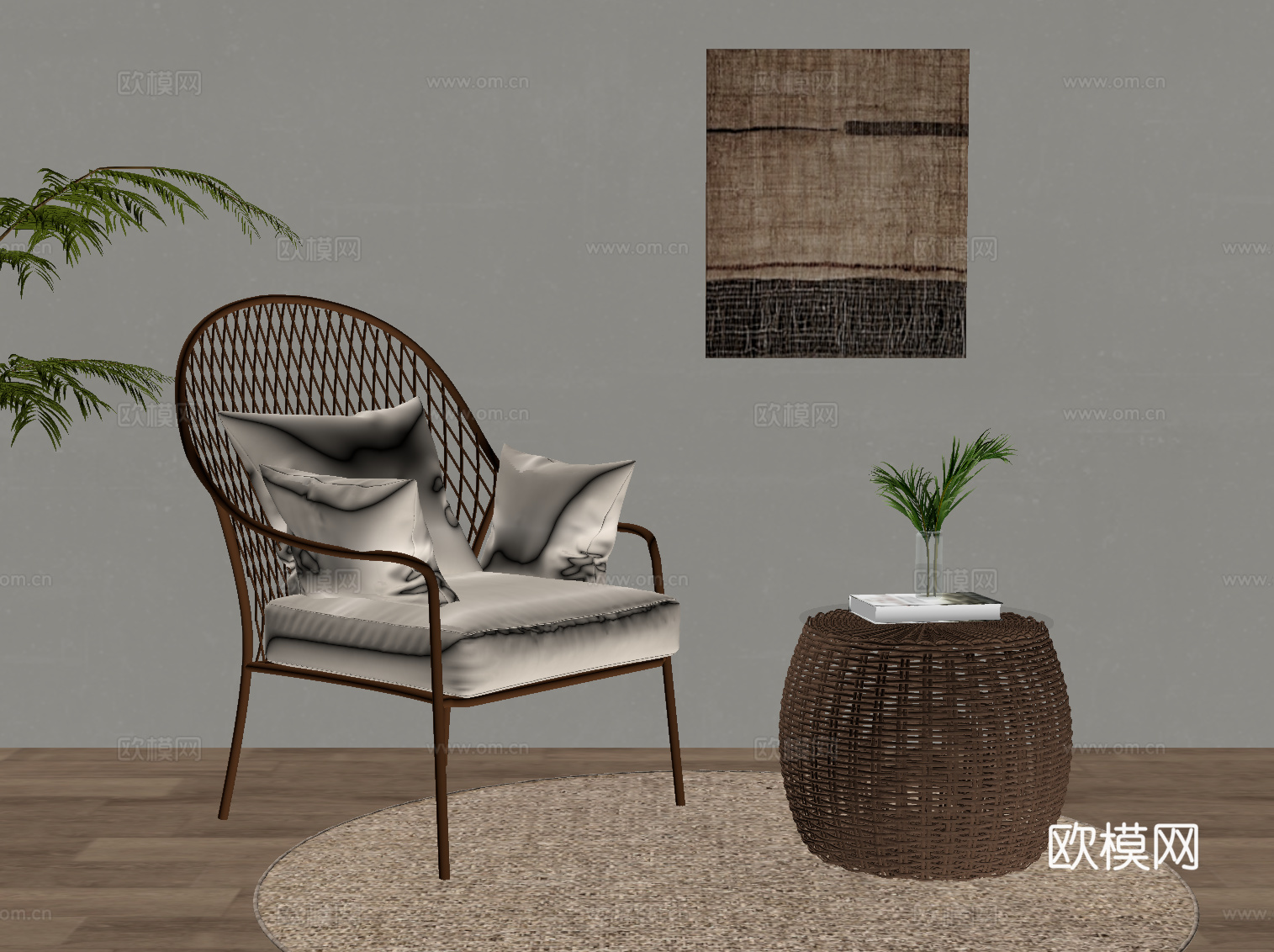 侘寂中古风休闲椅 边几su模型