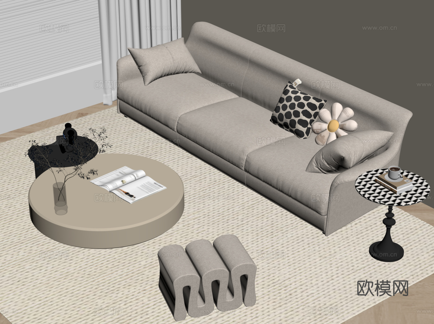 现代奶油风沙发组合 茶几 边几 三人沙发su模型