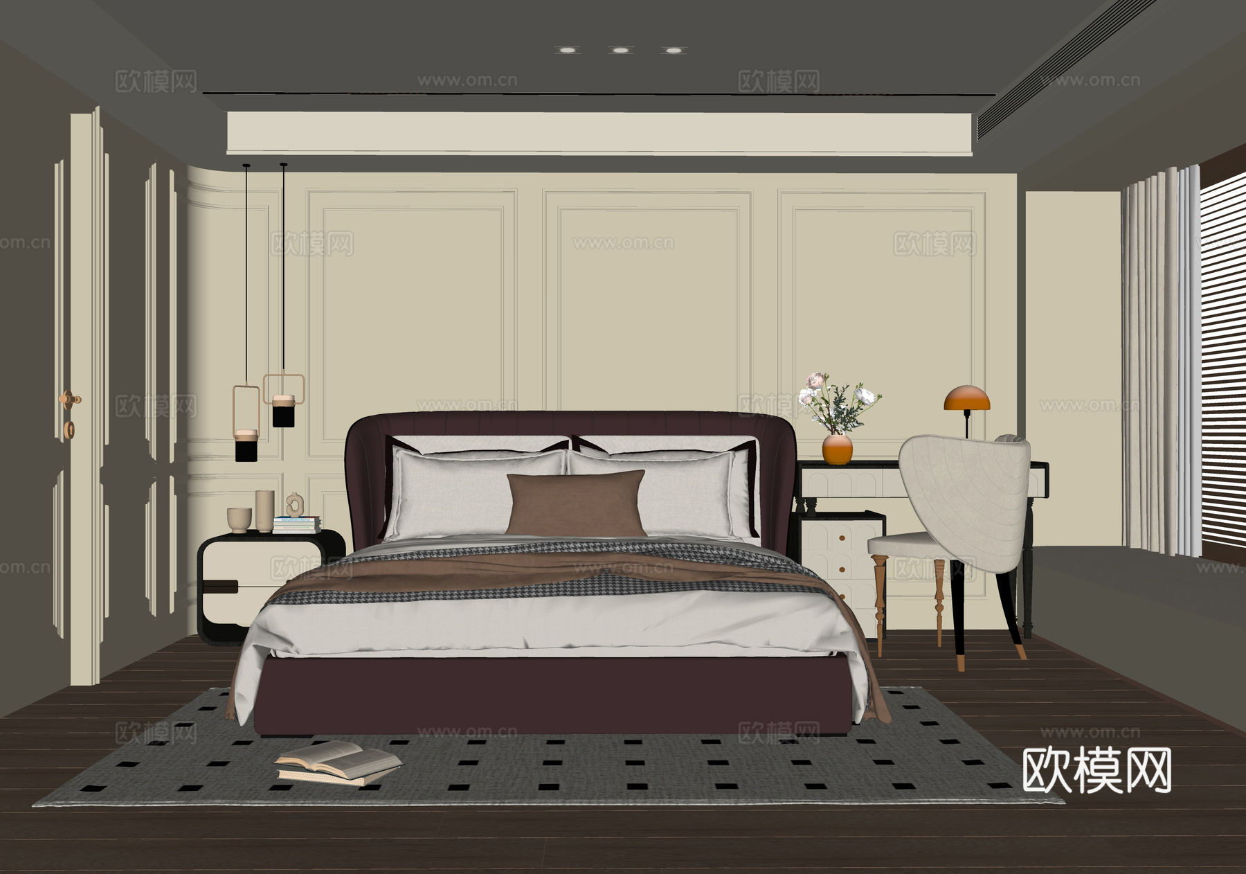 现代卧室 双人床 床头柜 梳妆台su模型