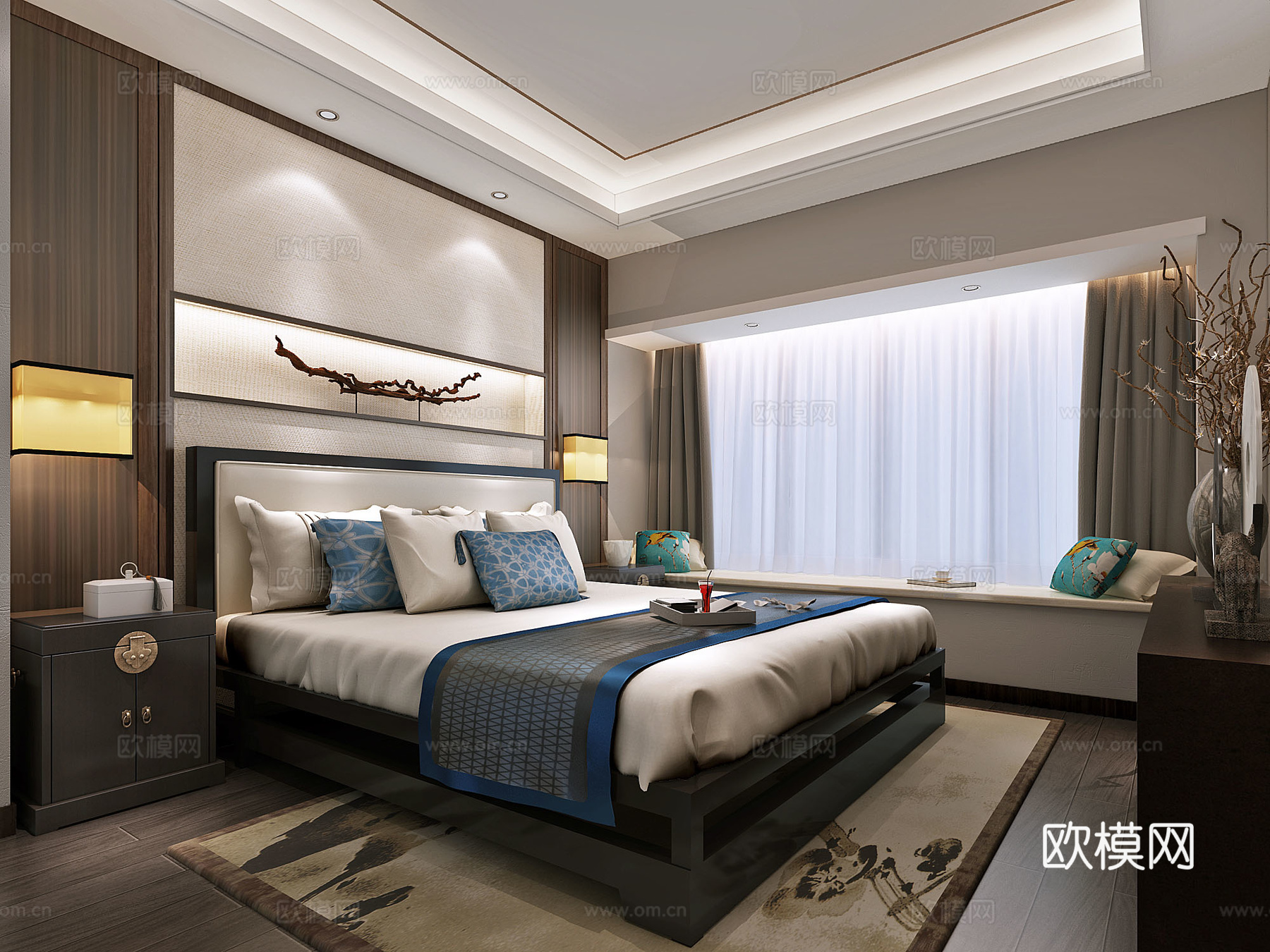 新中式家居卧室3d模型下载