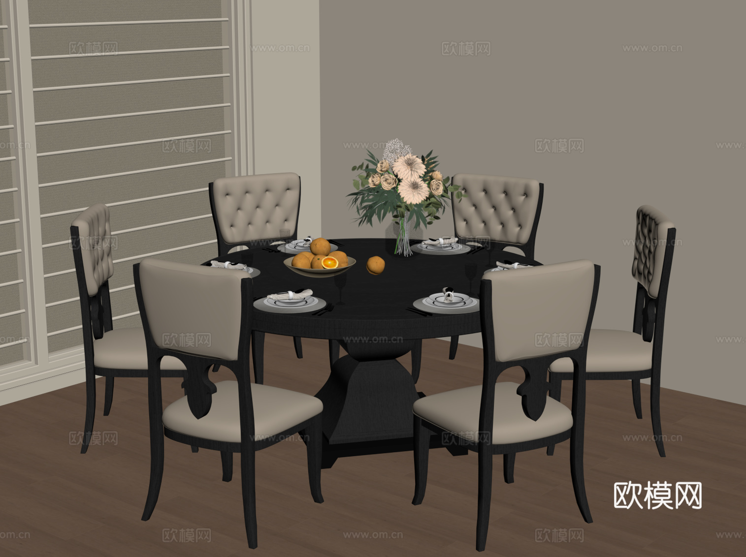 法式复古餐桌椅 圆形餐桌椅su模型