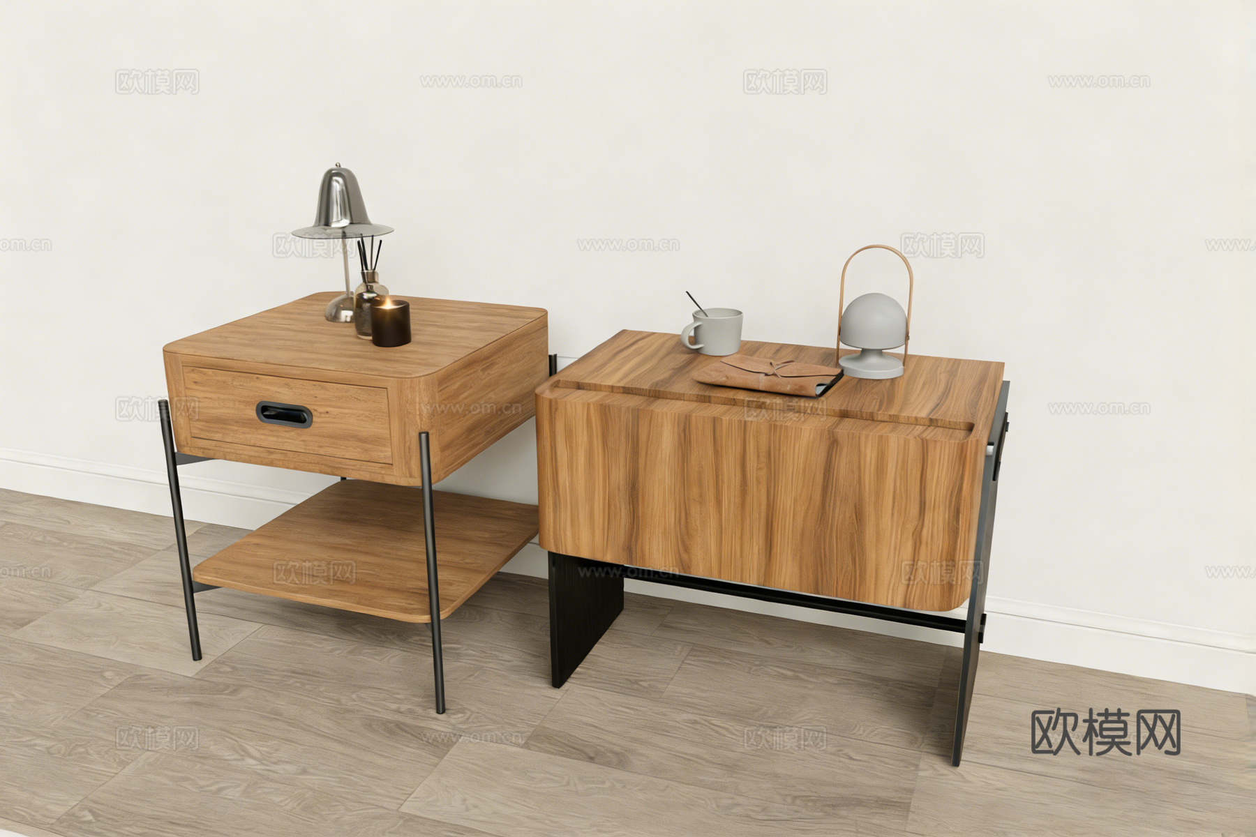 现代简约木质床头柜 边桌套组 黑色细腿 抽屉置物架su模型