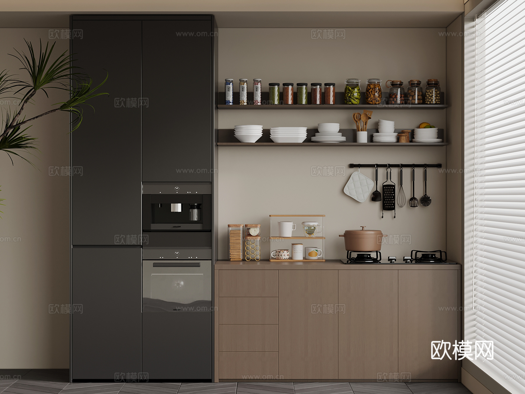 现代意式橱柜 餐边柜su模型下载（渲染图1）