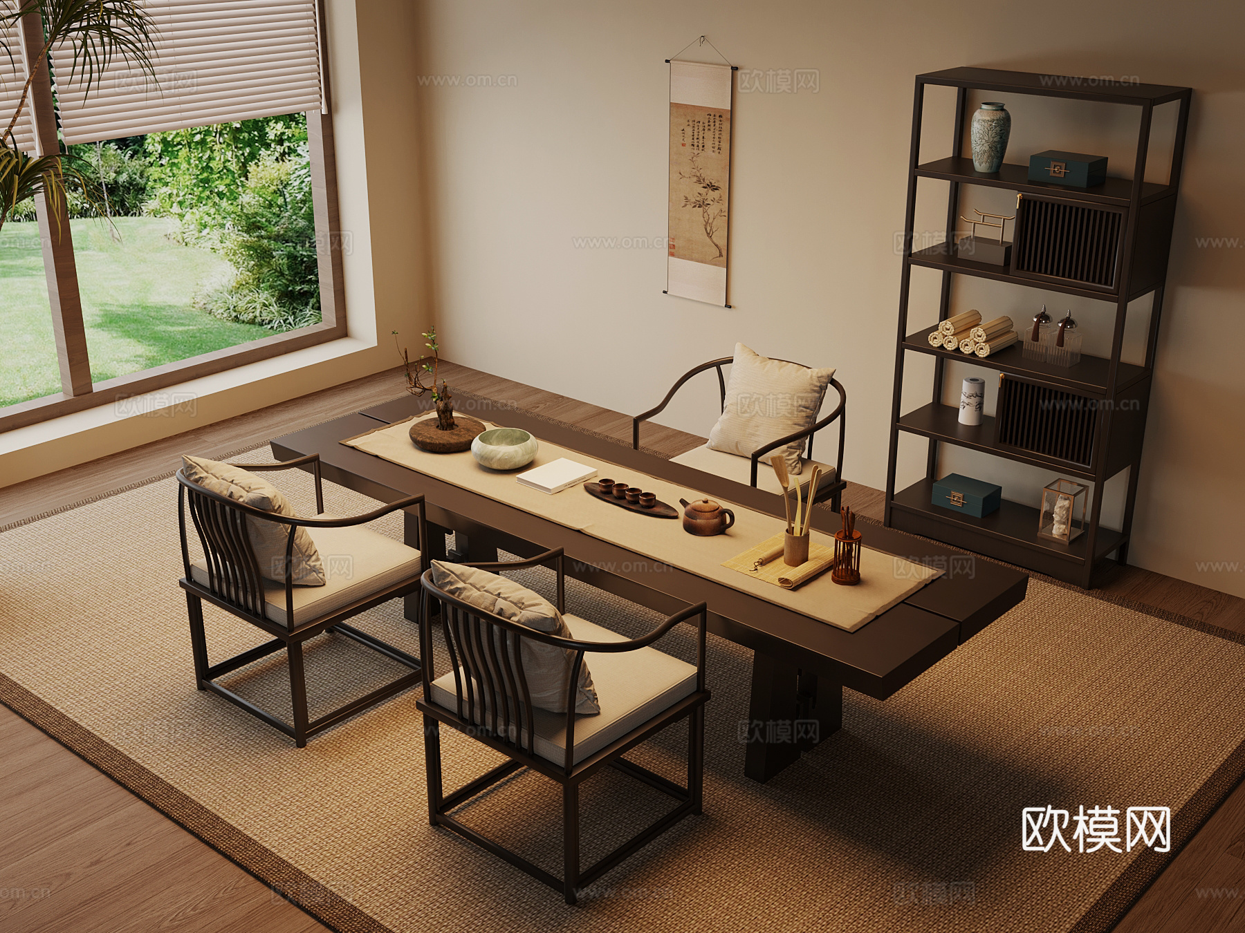 新中式茶桌椅 条形实木餐桌su模型