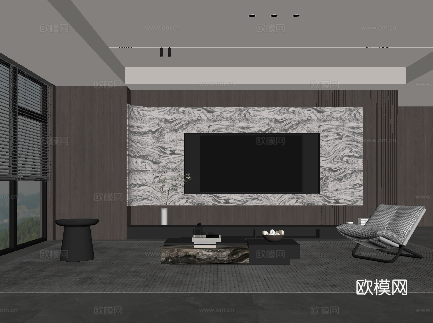 现代意式客厅 电视背景墙 沙发茶几组合su模型