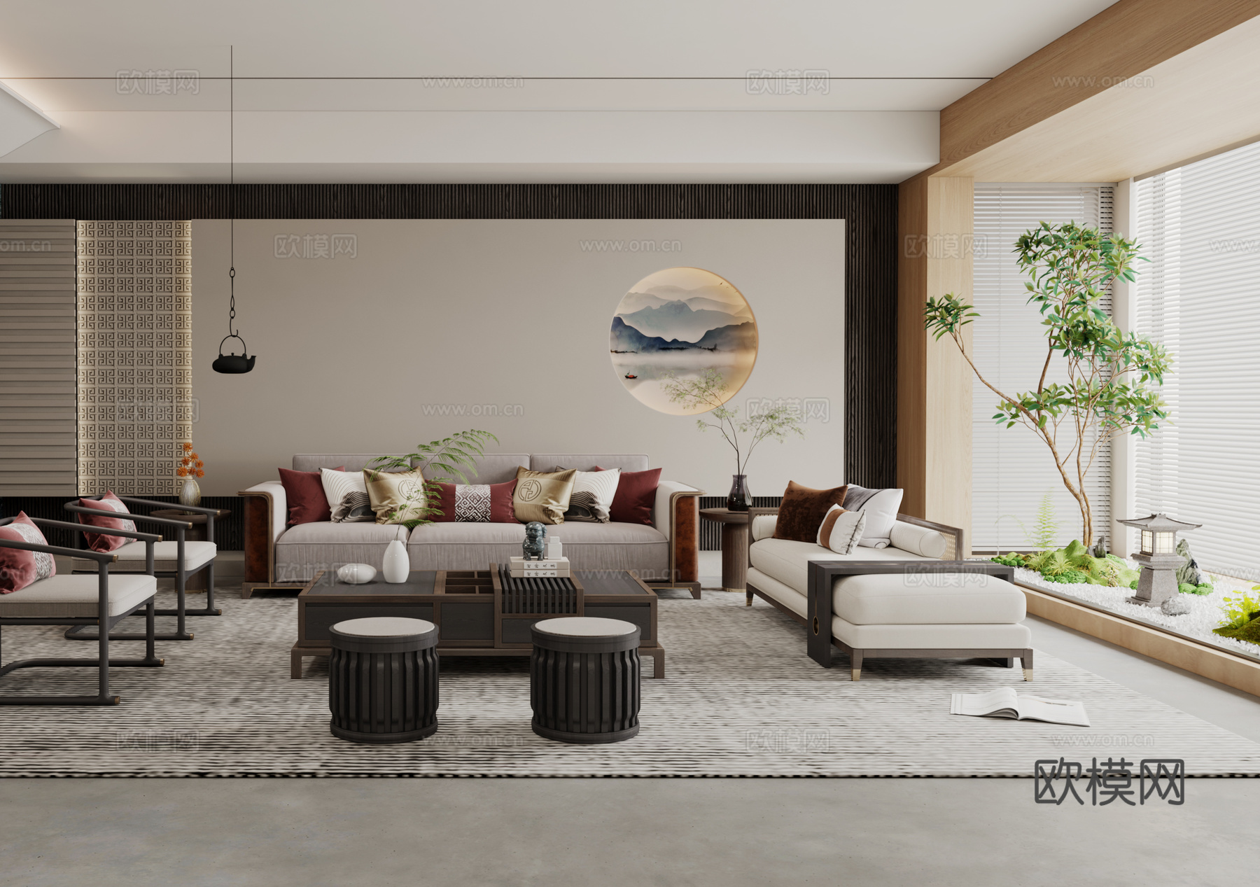 新中式现代家居客厅新中式禅意家居宋式美学客厅客餐厅组合3d模型下载（渲染图2）