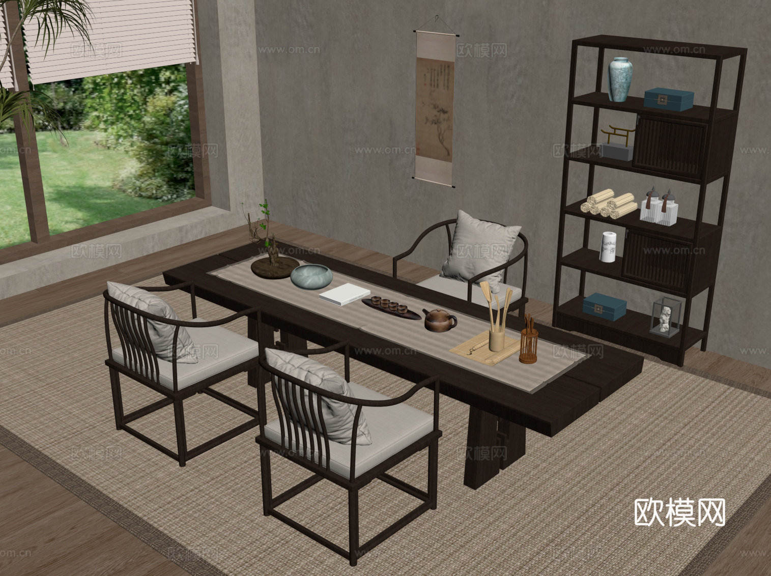 新中式茶桌椅 条形实木餐桌su模型