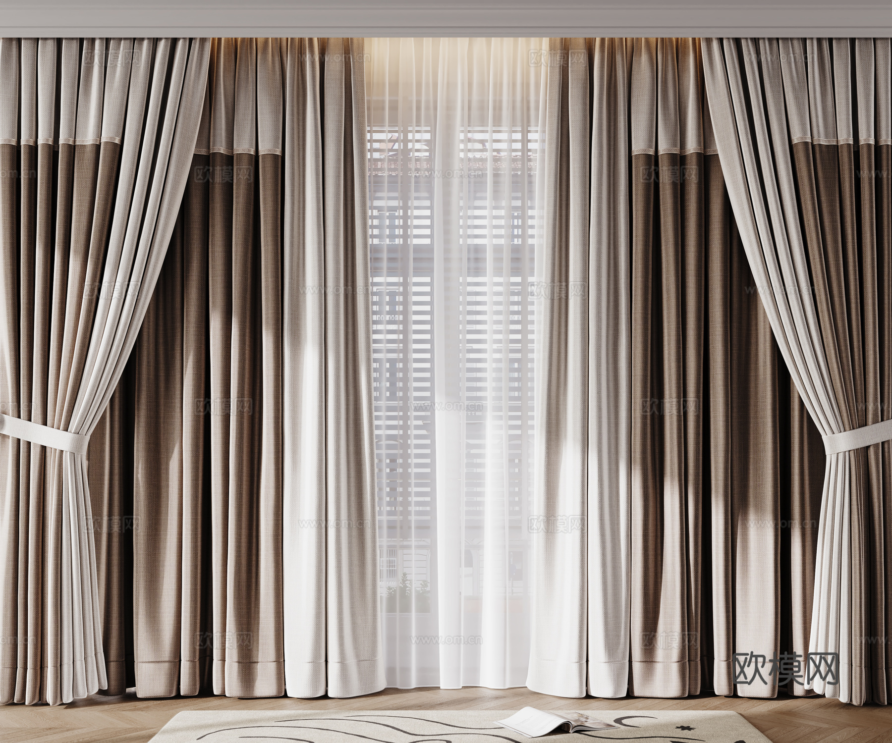 现代窗帘 纱帘 布艺窗帘su模型