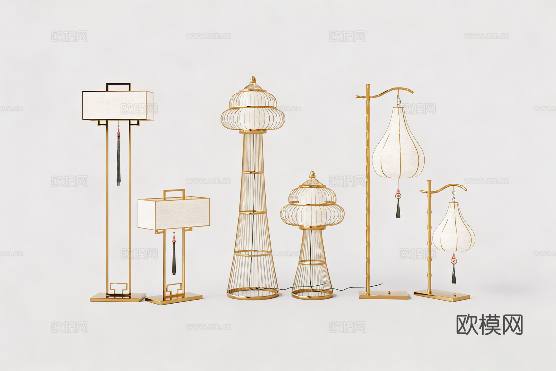 新中式金属骨架布艺灯具 塔形水滴形 流苏su模型