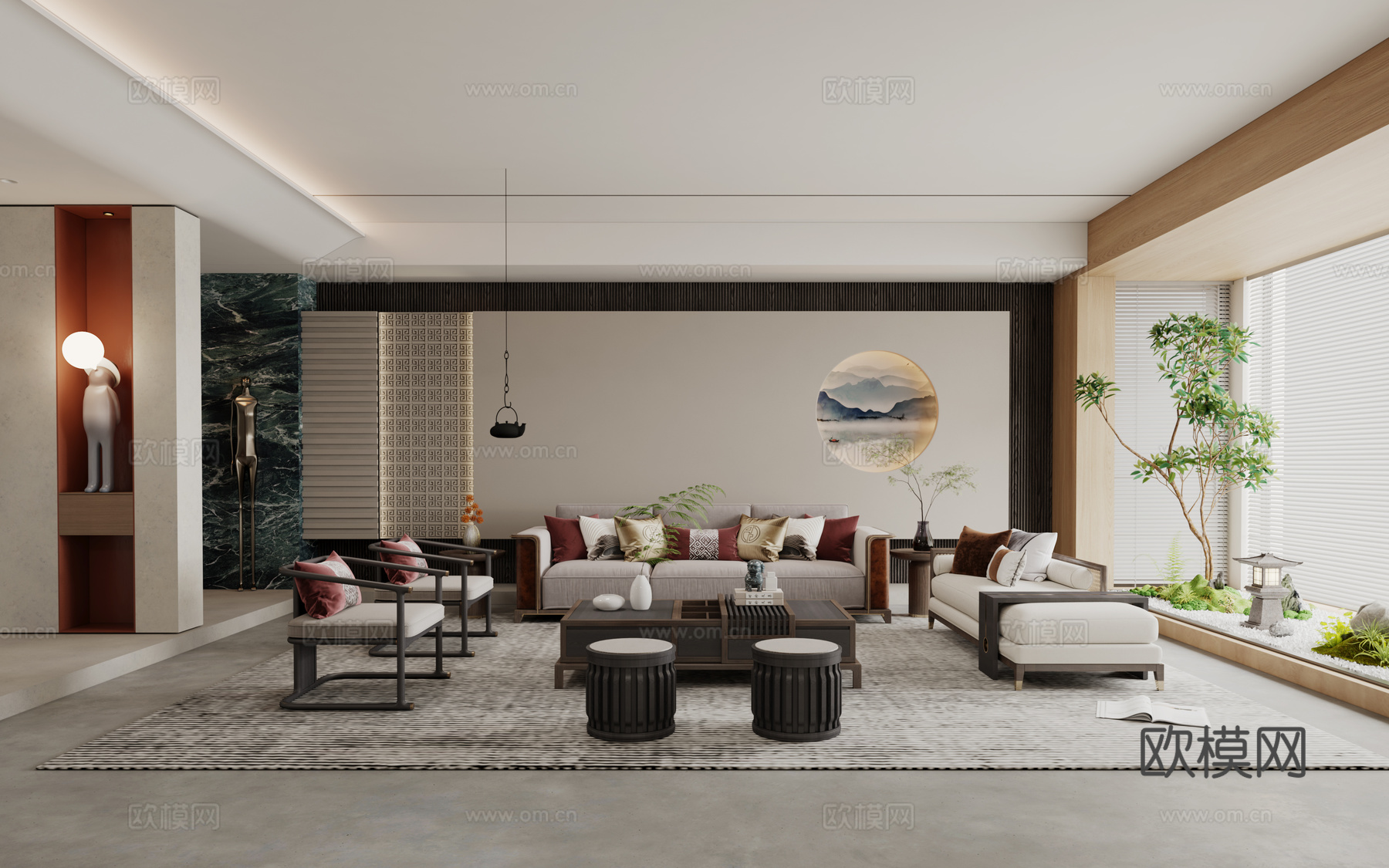 新中式现代家居客厅新中式禅意家居宋式美学客厅客餐厅组合3d模型下载（渲染图1）