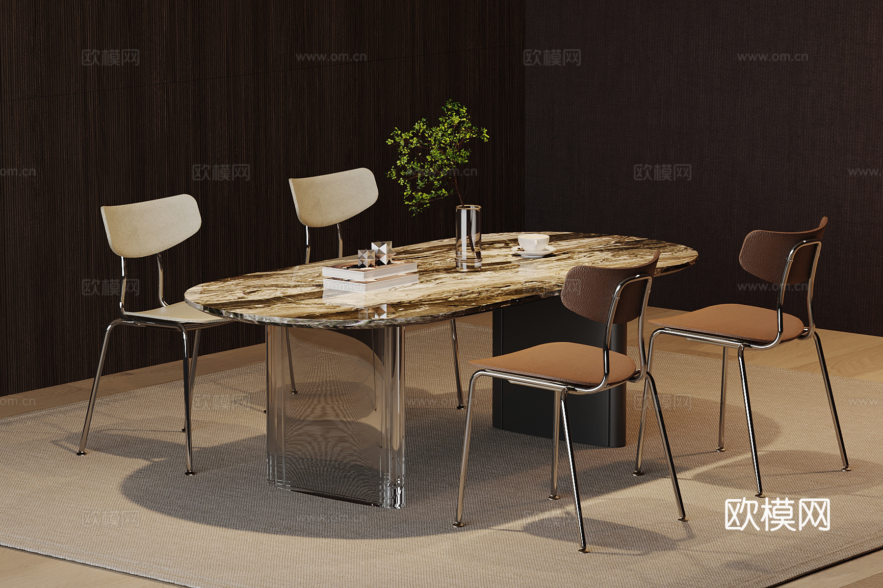 现代餐桌椅 条形餐桌su模型