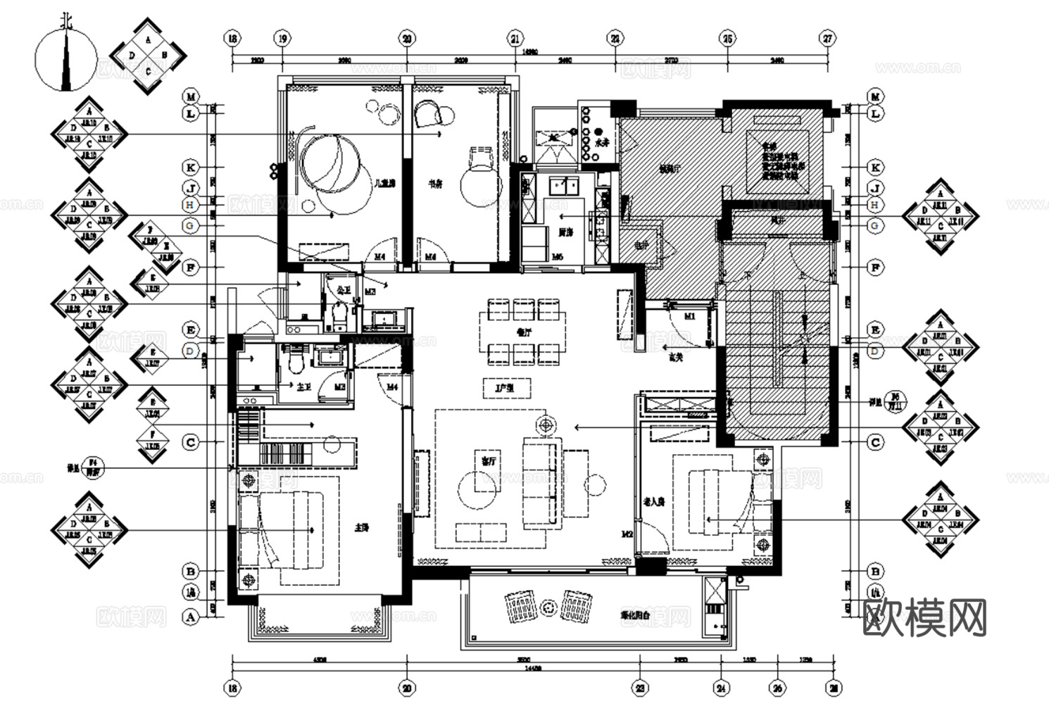 10套中式轻奢新中式样板间洋房别墅平层家装CAD施工图附效果cad施工图