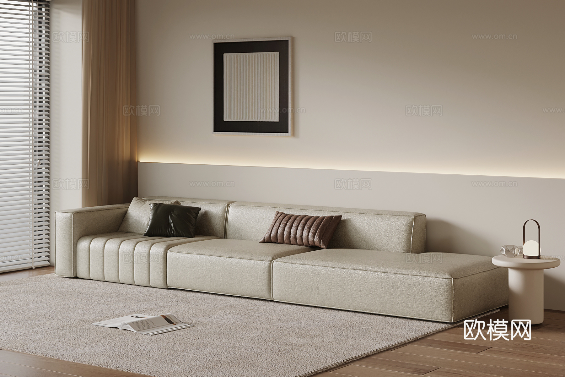 现代多人沙发 皮革休闲沙发su模型