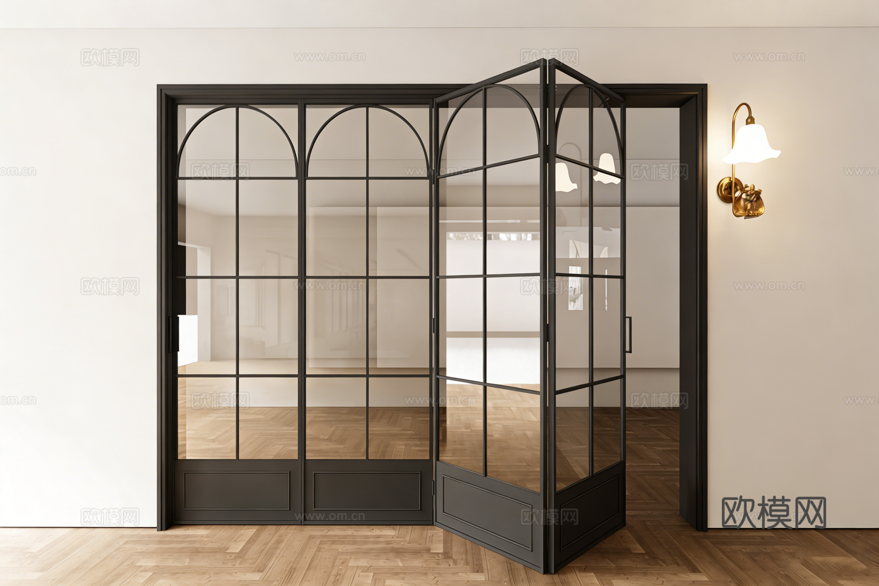 现代简约拱形折叠玻璃门 隔断系统 黑色极细框 复古壁灯su模型