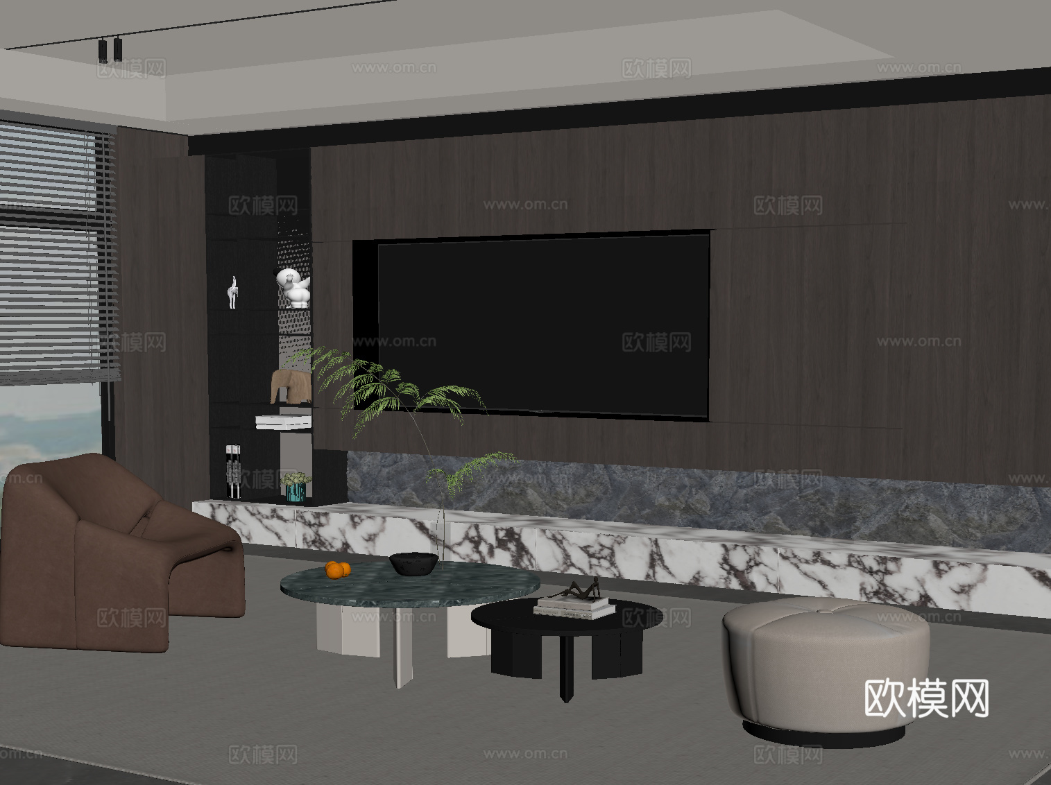 现代意式客厅 电视背景柜su模型