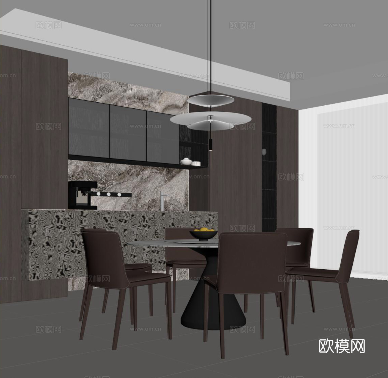 现代意式餐厅 餐桌椅 酒柜su模型