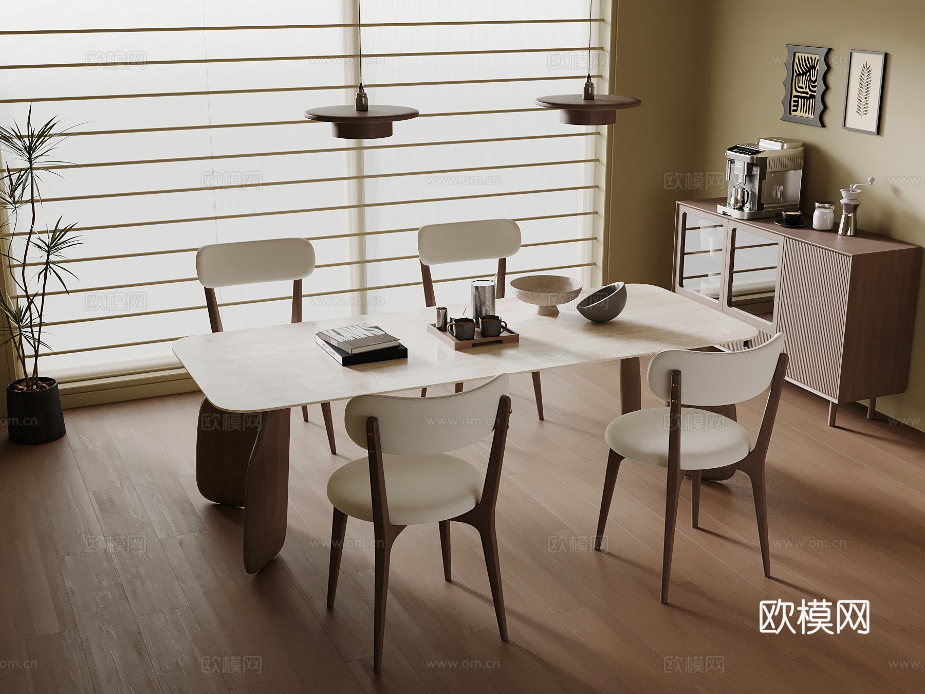 现代中古风餐厅 餐桌椅 餐边柜su模型