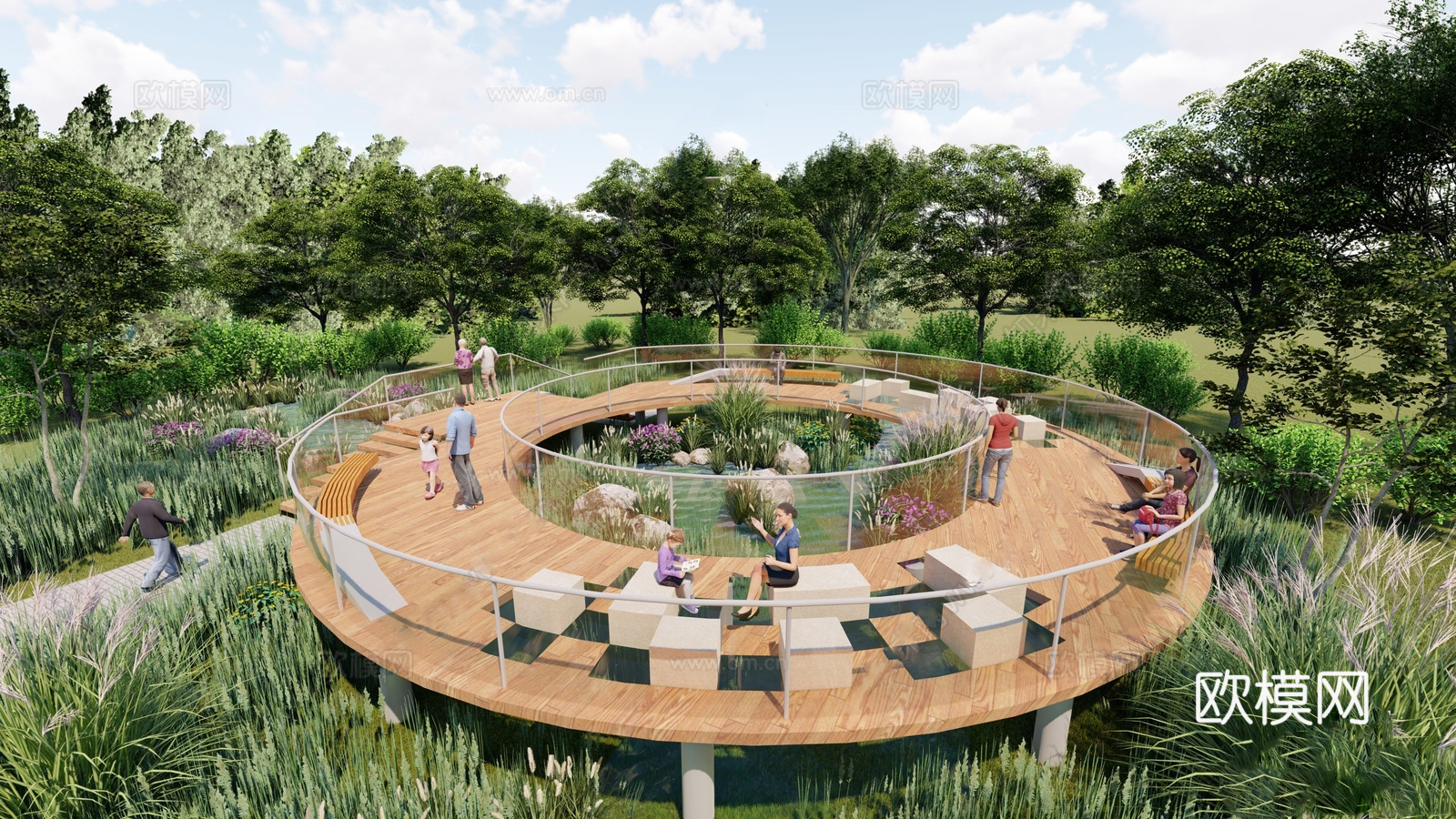 现代亲水平台 圆形平台 亲水栈道su模型