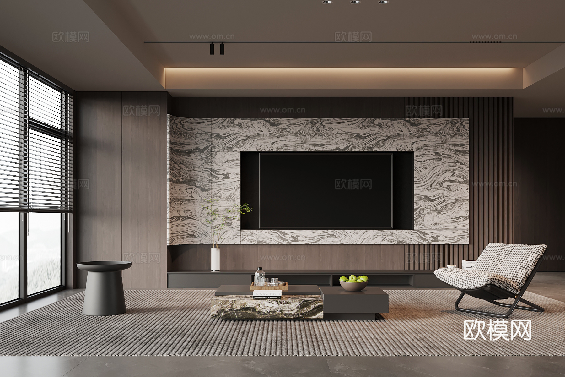 现代意式客厅 电视背景墙 沙发茶几组合su模型