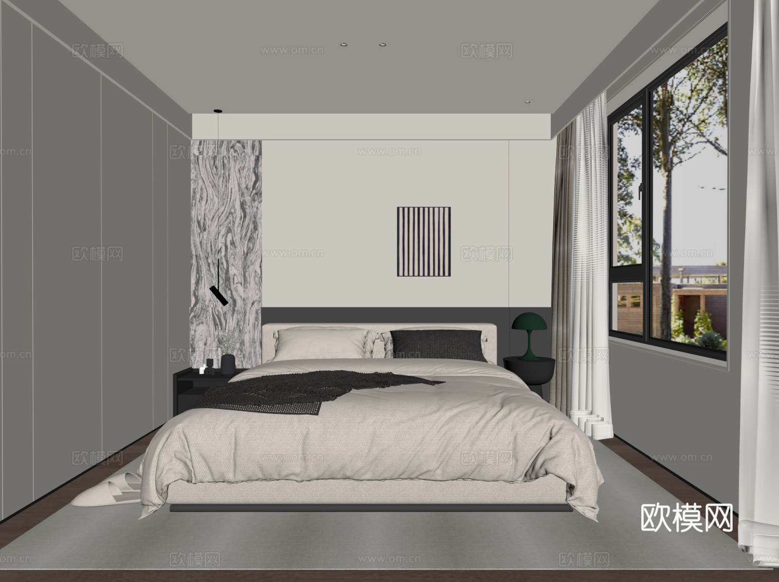 现代极简卧室 双人床 床头柜su模型