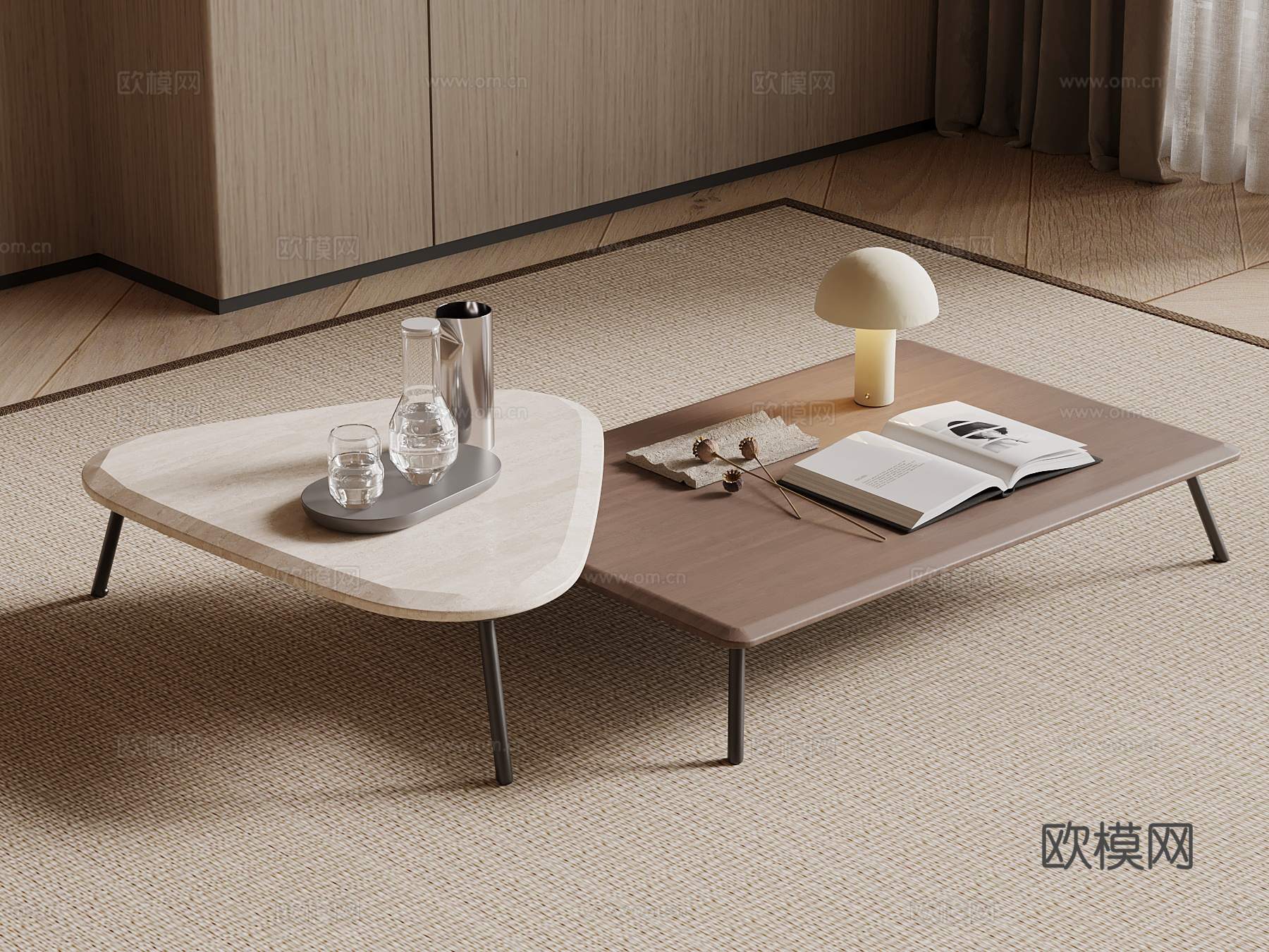 现代中古风茶几 子母茶几su模型