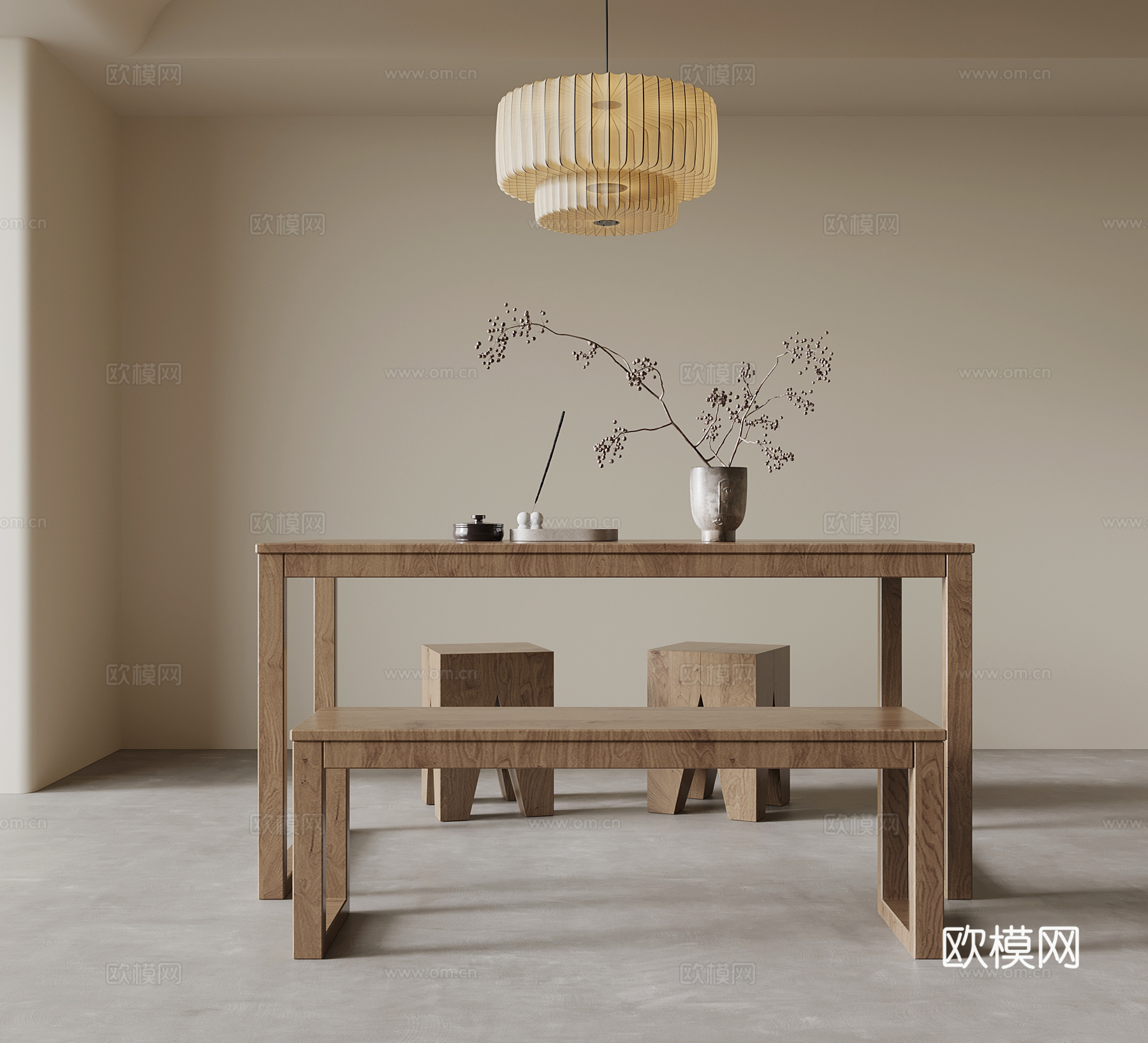 中古风餐桌椅 实木餐桌su模型