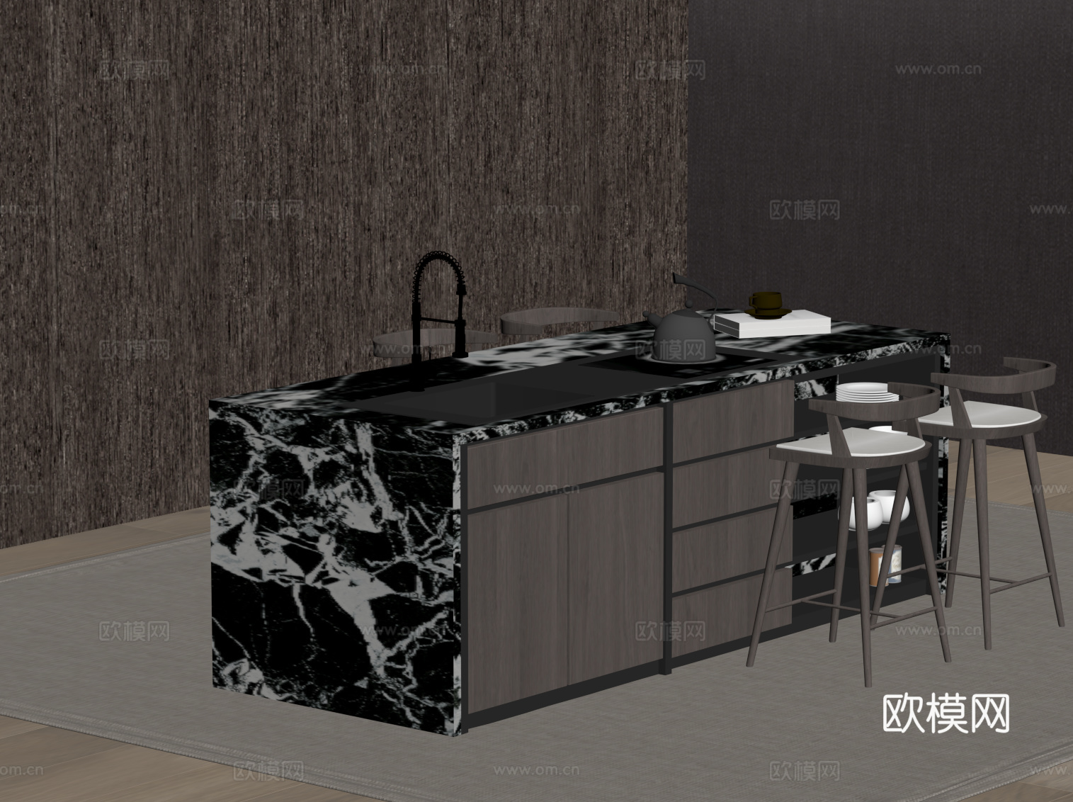 现代意式岛台 吧台 餐桌椅su模型