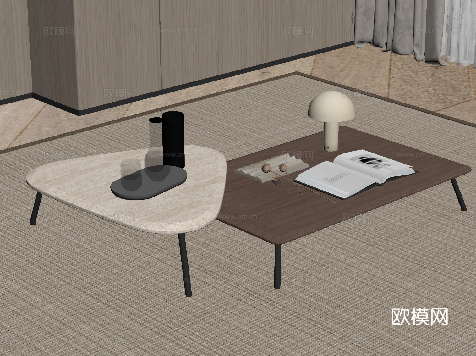 现代中古风茶几 子母茶几su模型