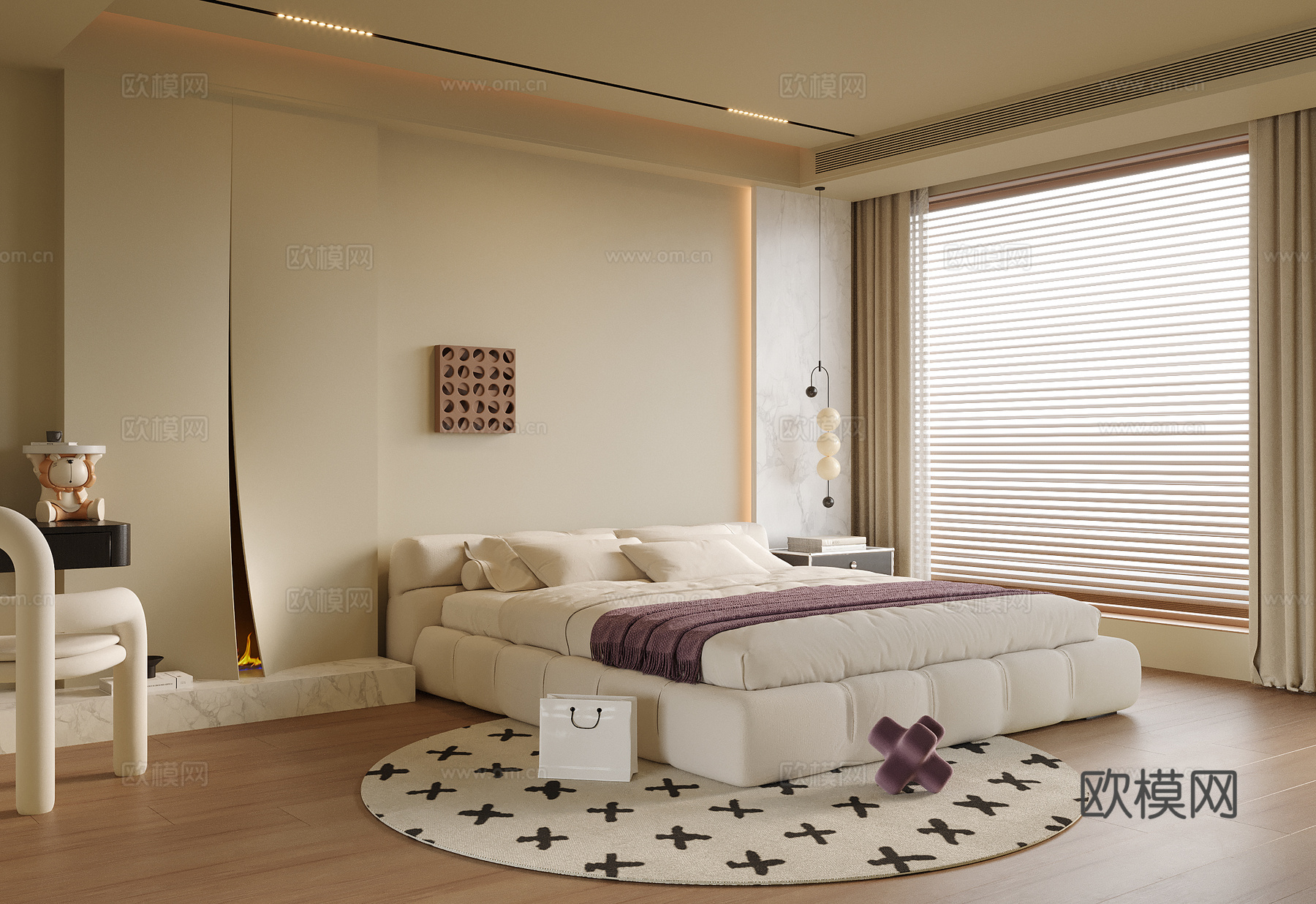 现代卧室 双人床su模型