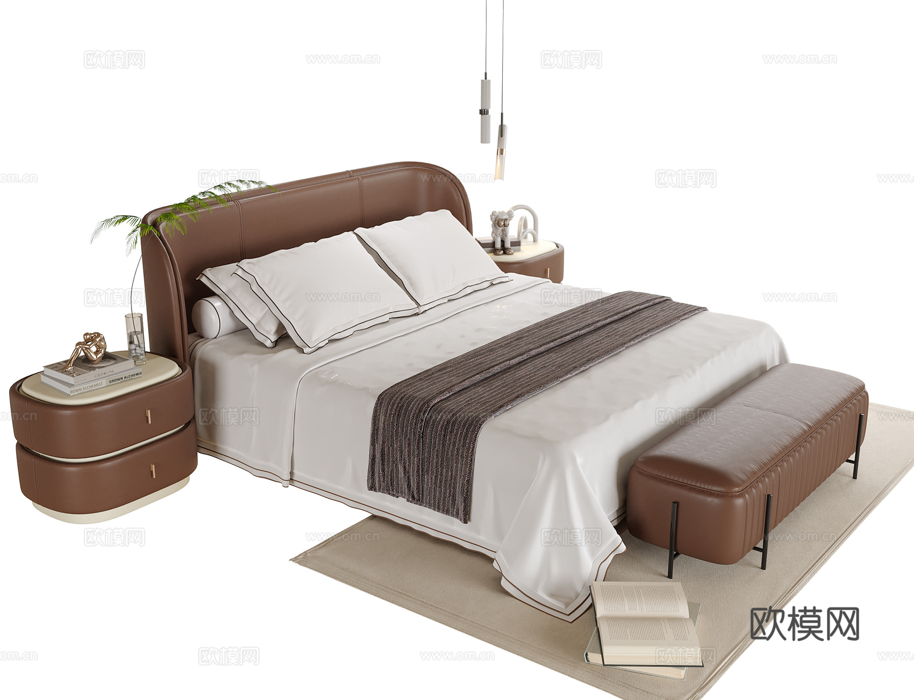 现代双人床 床尾凳 床头柜su模型