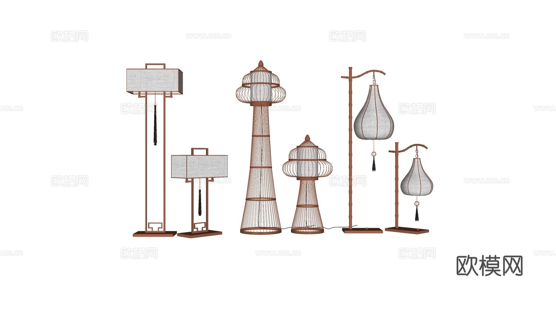 新中式金属骨架布艺灯具 塔形水滴形 流苏su模型