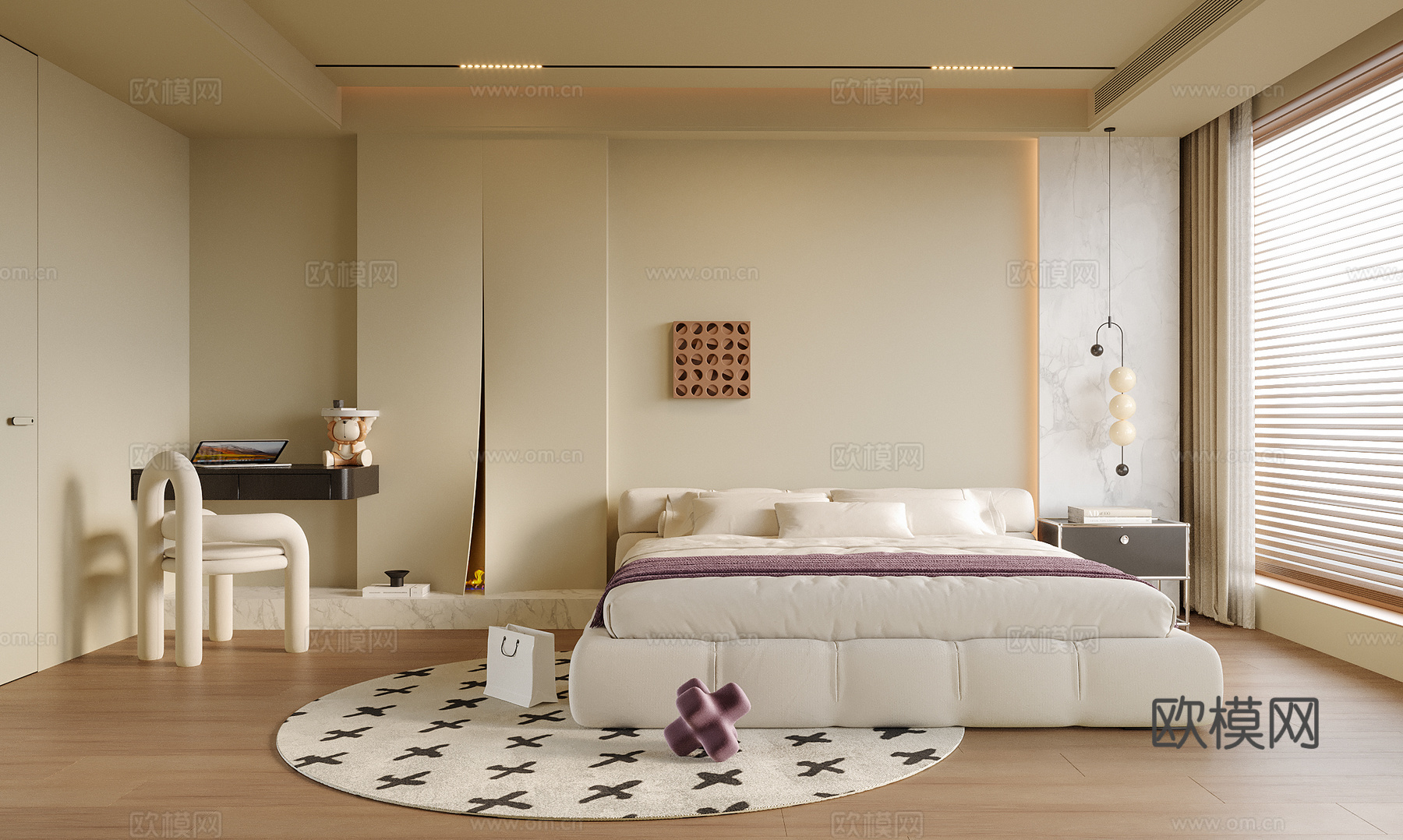 现代卧室 双人床su模型