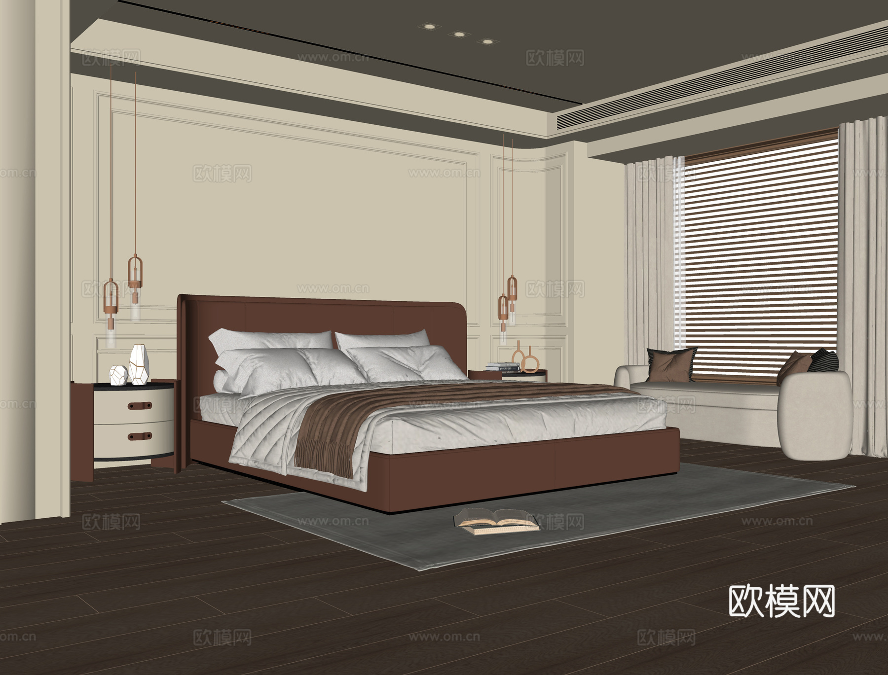 现代卧室 双人床 床头柜su模型