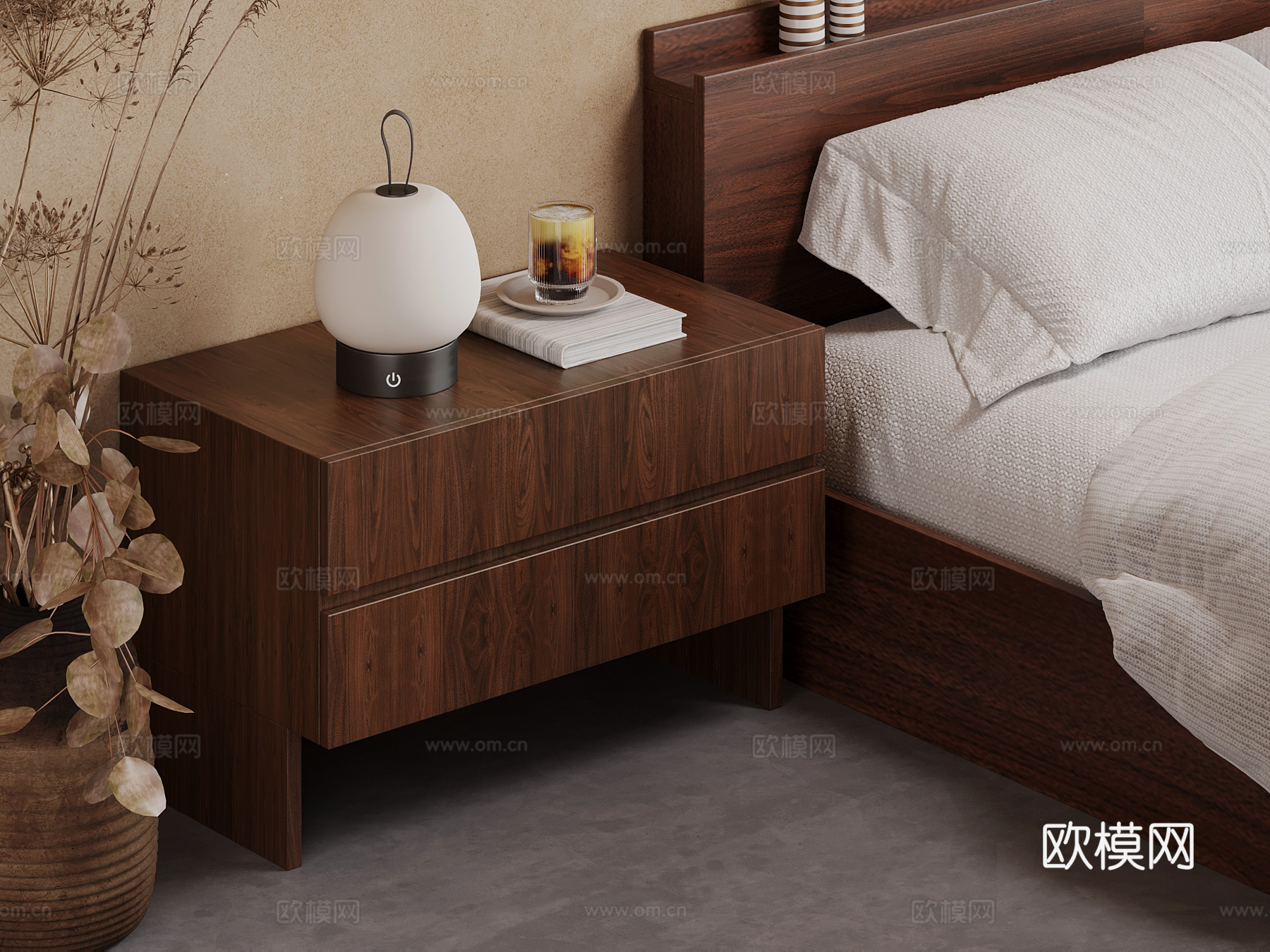 中古风床头柜 实木床头柜su模型