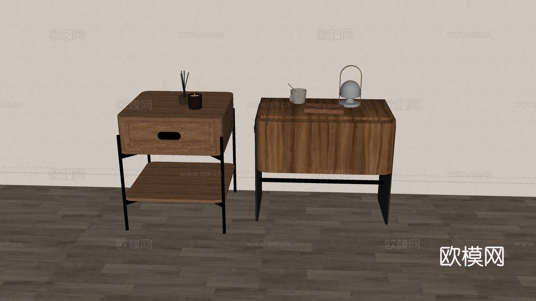 现代简约木质床头柜 边桌套组 黑色细腿 抽屉置物架su模型