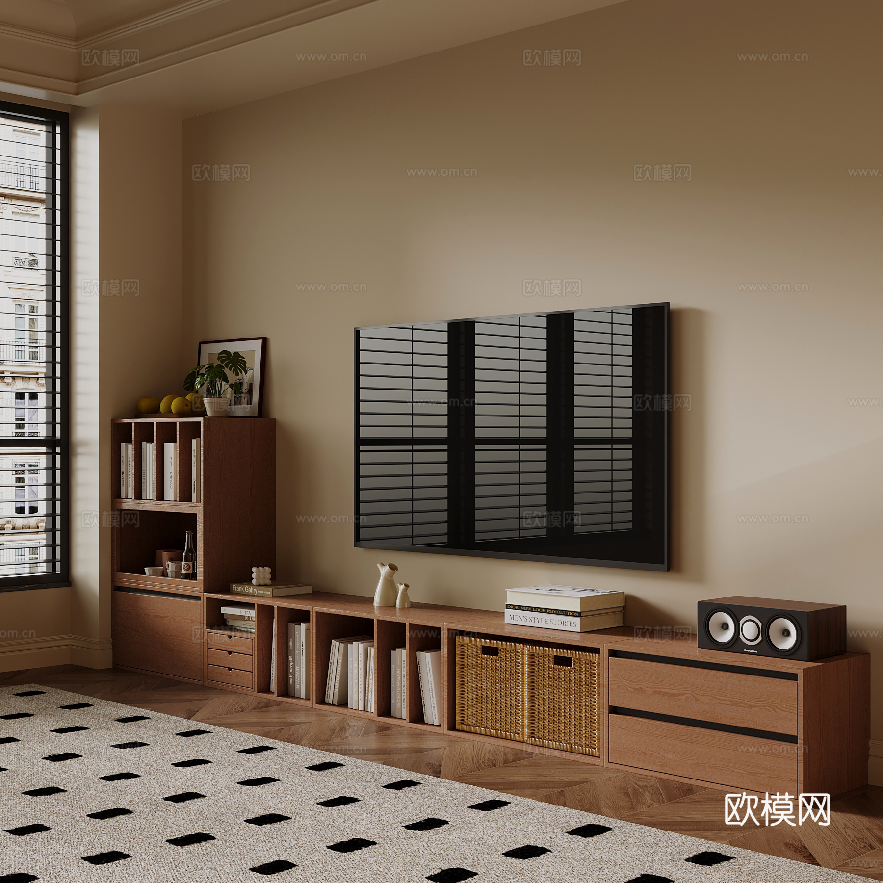 现代电视柜 中古风电视柜 斗柜su模型