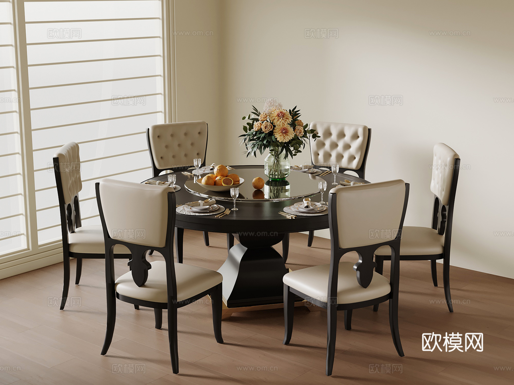 法式复古餐桌椅 圆形餐桌椅su模型