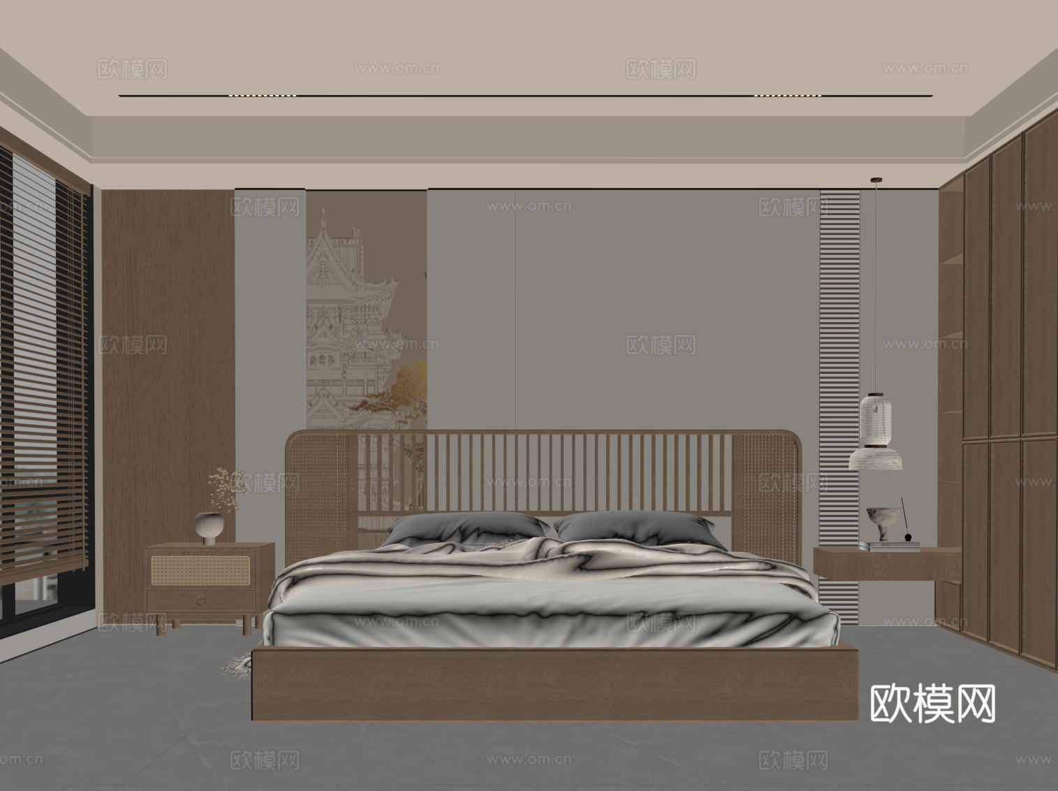 新中式卧室 双人床 衣柜su模型