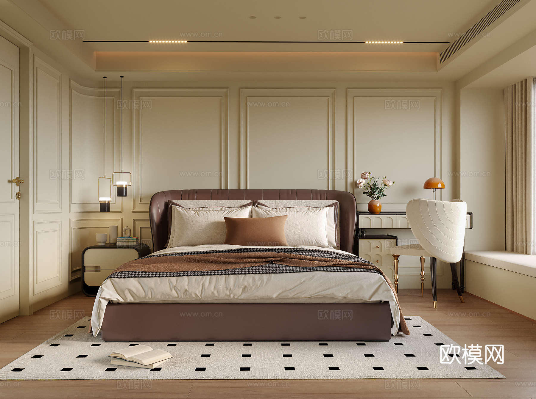 现代卧室 双人床 床头柜 梳妆台su模型
