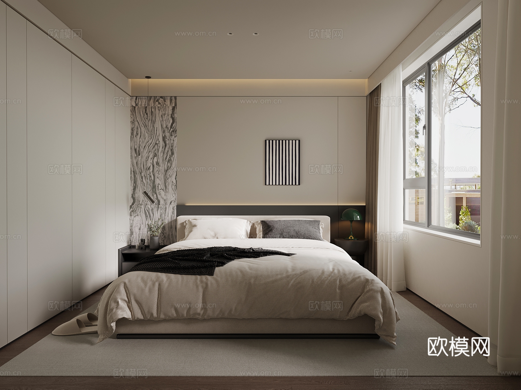 现代极简卧室 双人床 床头柜su模型