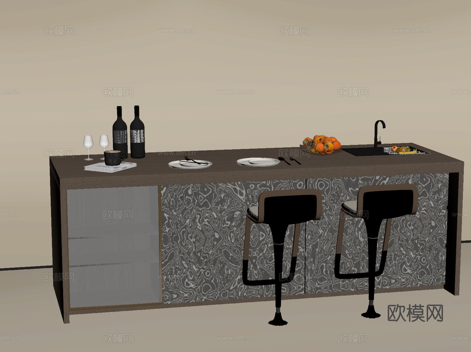 现代岛台 吧椅su模型