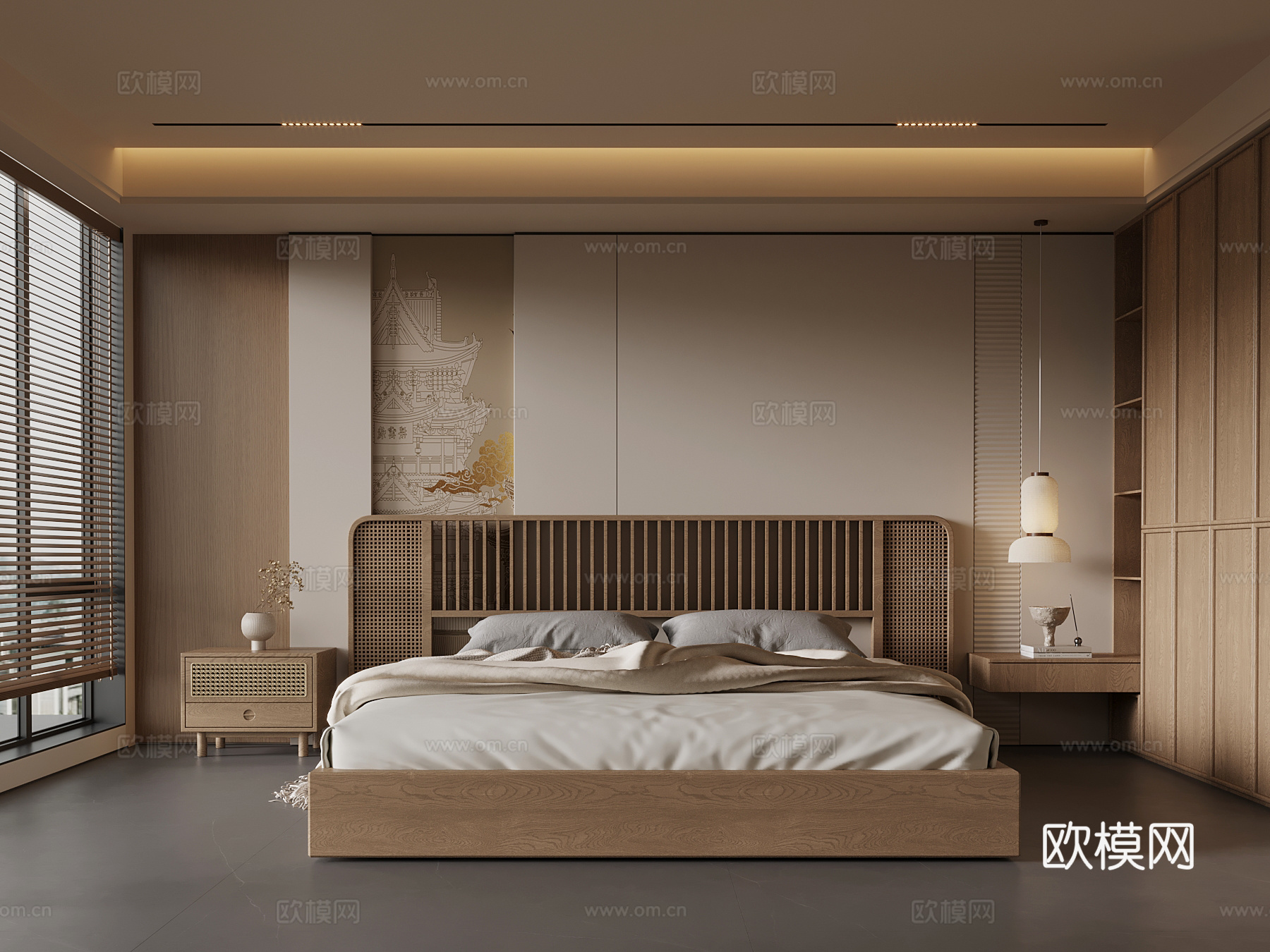新中式卧室 双人床 衣柜su模型