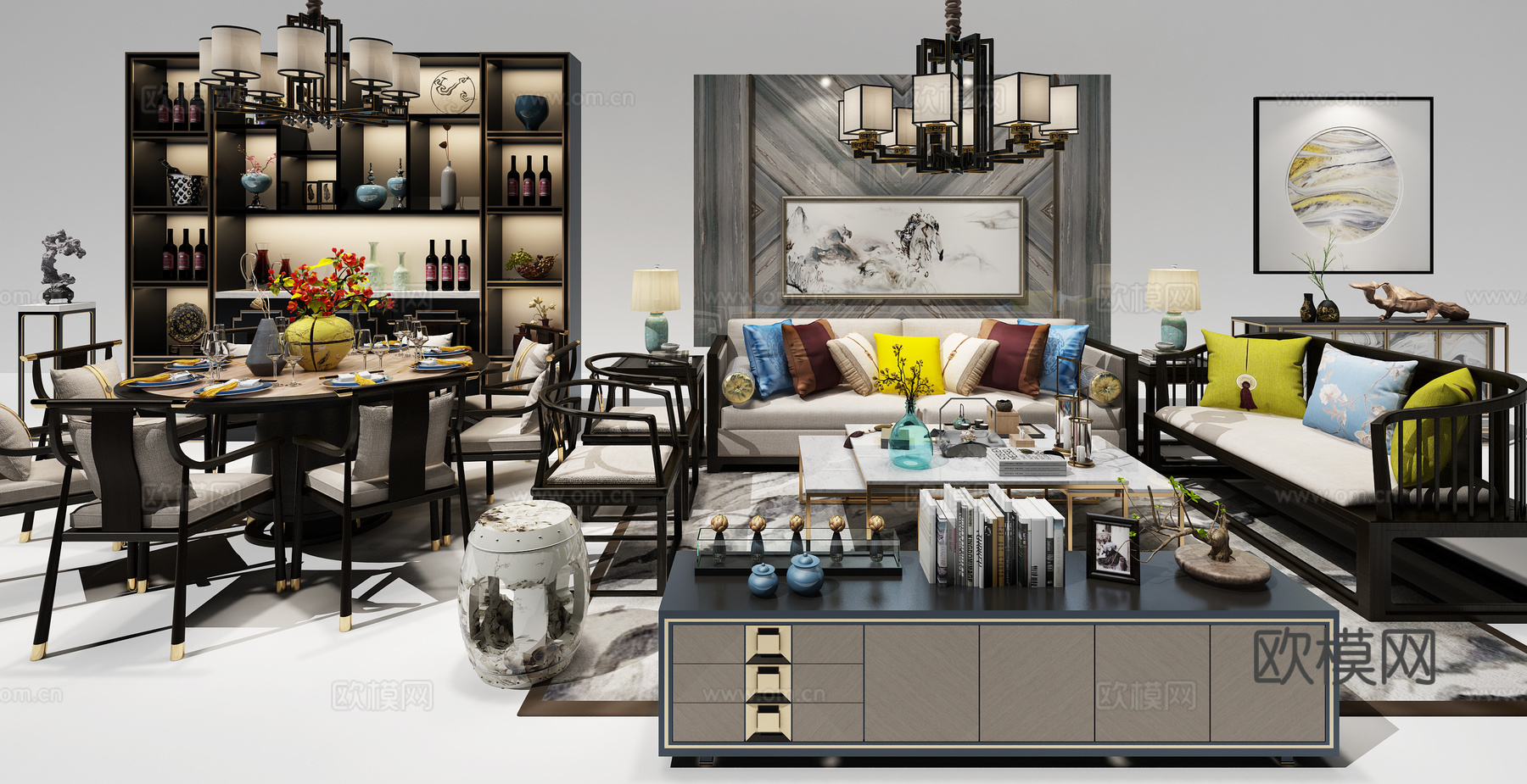 中式沙发餐桌组合 沙发茶几 酒柜 挂画 吊灯3d模型下载（渲染图1）