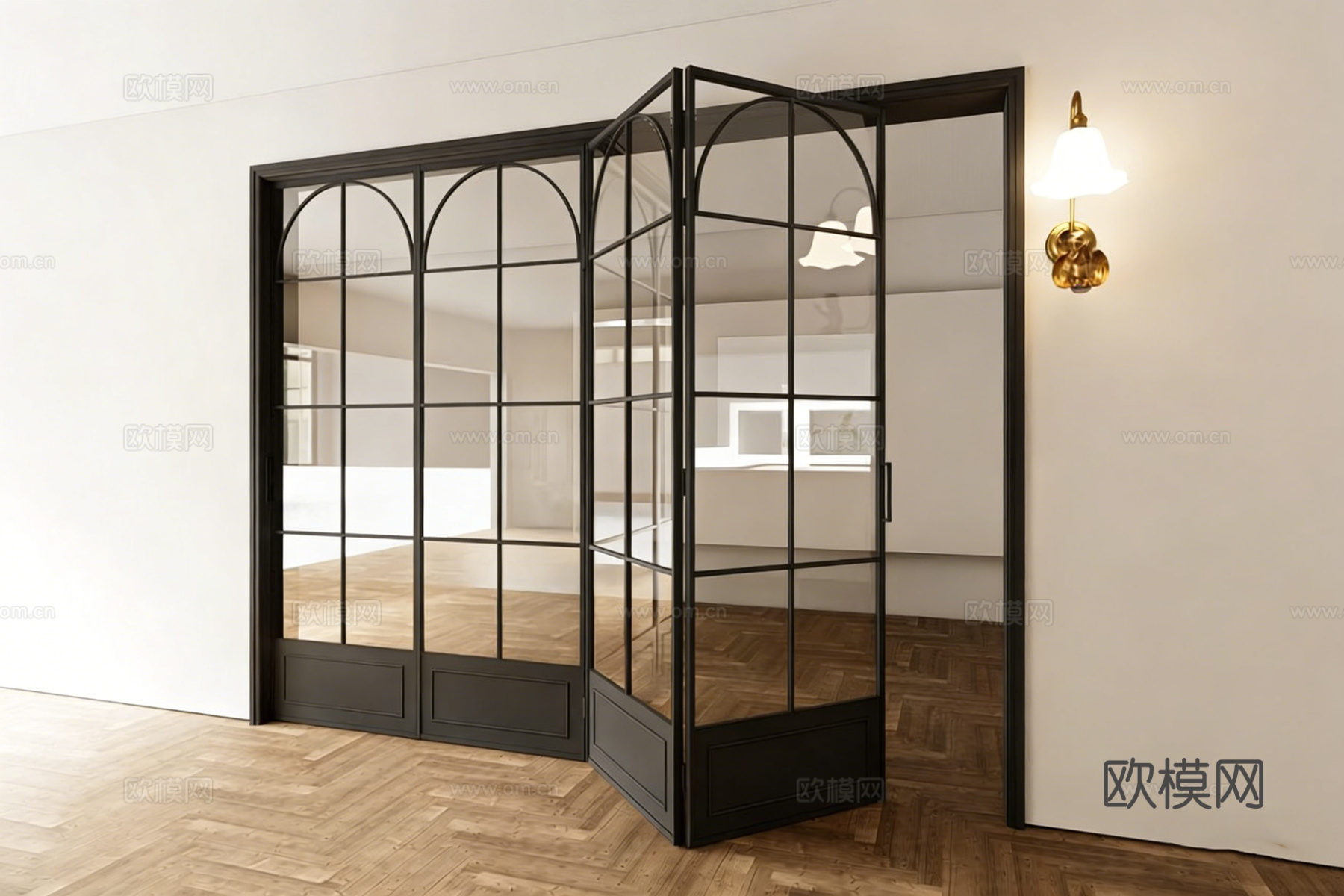 现代简约拱形折叠玻璃门 隔断系统 黑色极细框 复古壁灯su模型