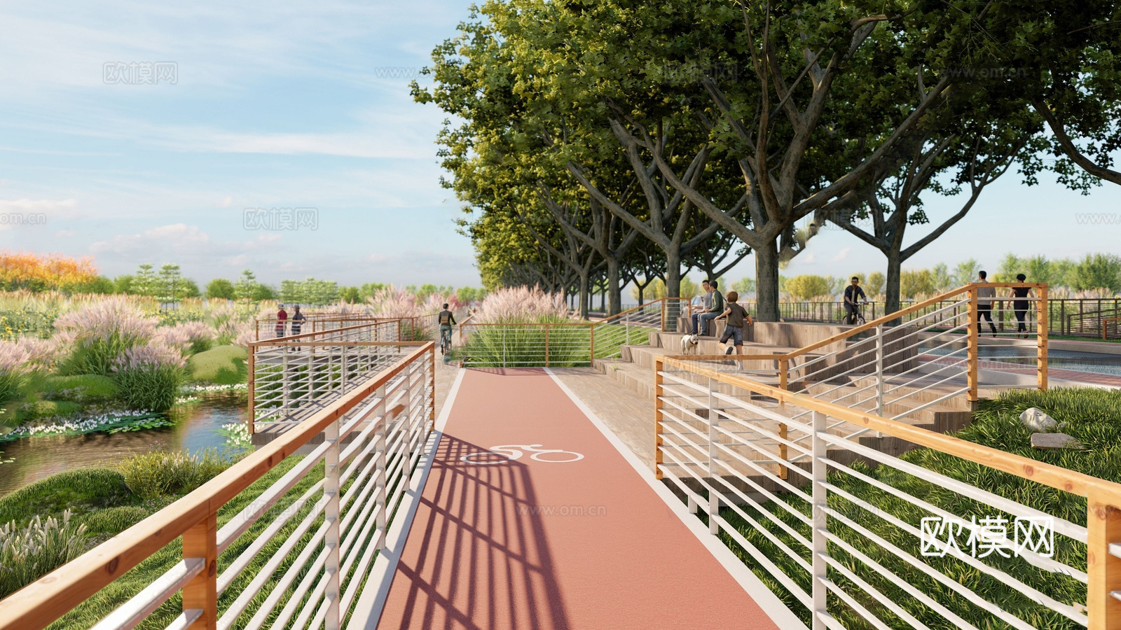 现代滨水栈道 观景平台 步道 自行车道su模型
